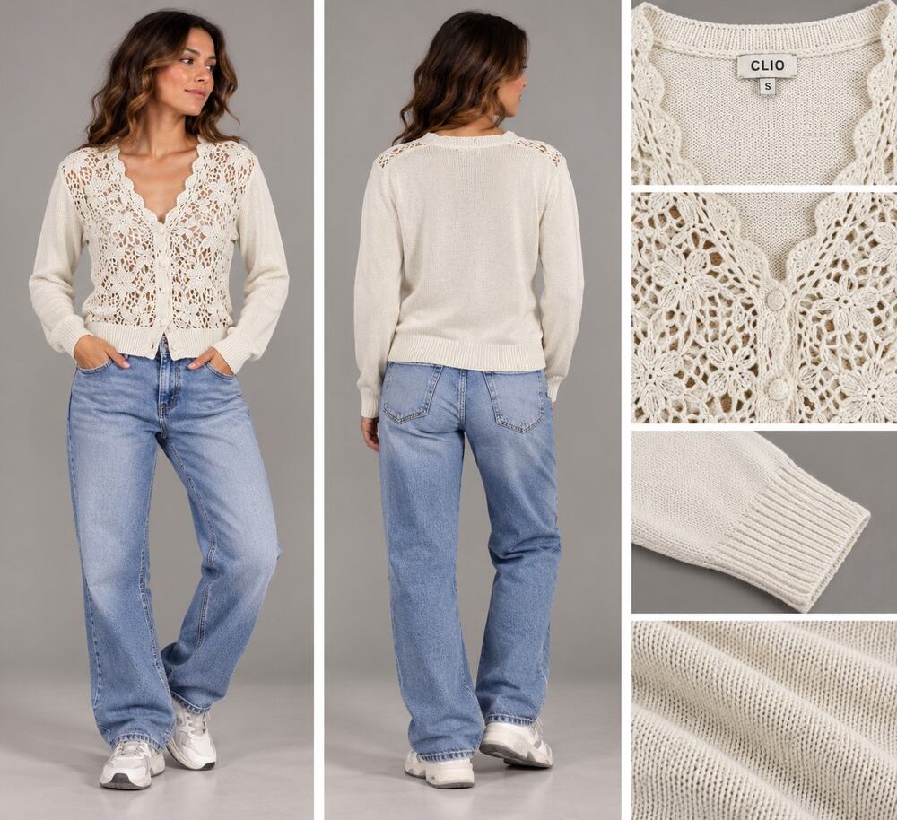 Vintage CLIO Cardigan Women S Ivory Crochet Ramie Cotton Cottagecore Boho 90s